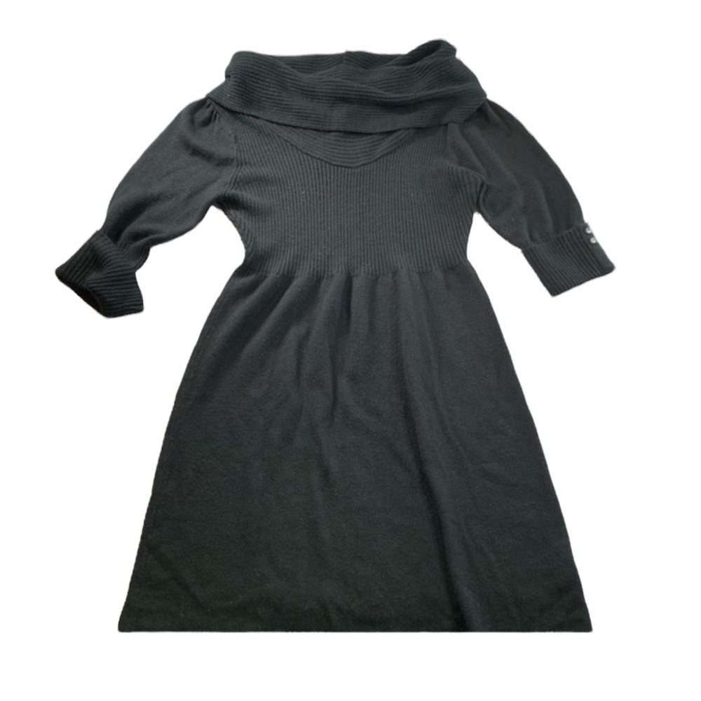 Takeout | Black Sweater Dress Small Chunky Collar Flattering Shape Three Quarter